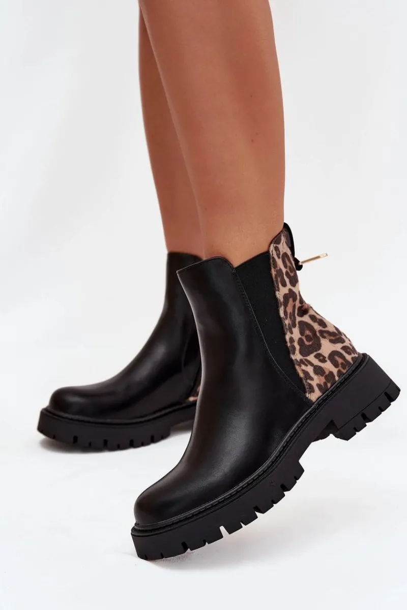 Botki Ocieplane|Botki Płaskie>Boto Ocieplane Botki Damskie Ze Złotym Detalem Panterka Czarne Calista