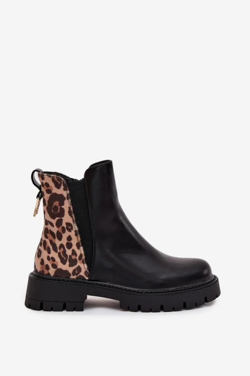 Botki Ocieplane|Botki Płaskie>Boto Ocieplane Botki Damskie Ze Złotym Detalem Panterka Czarne Calista
