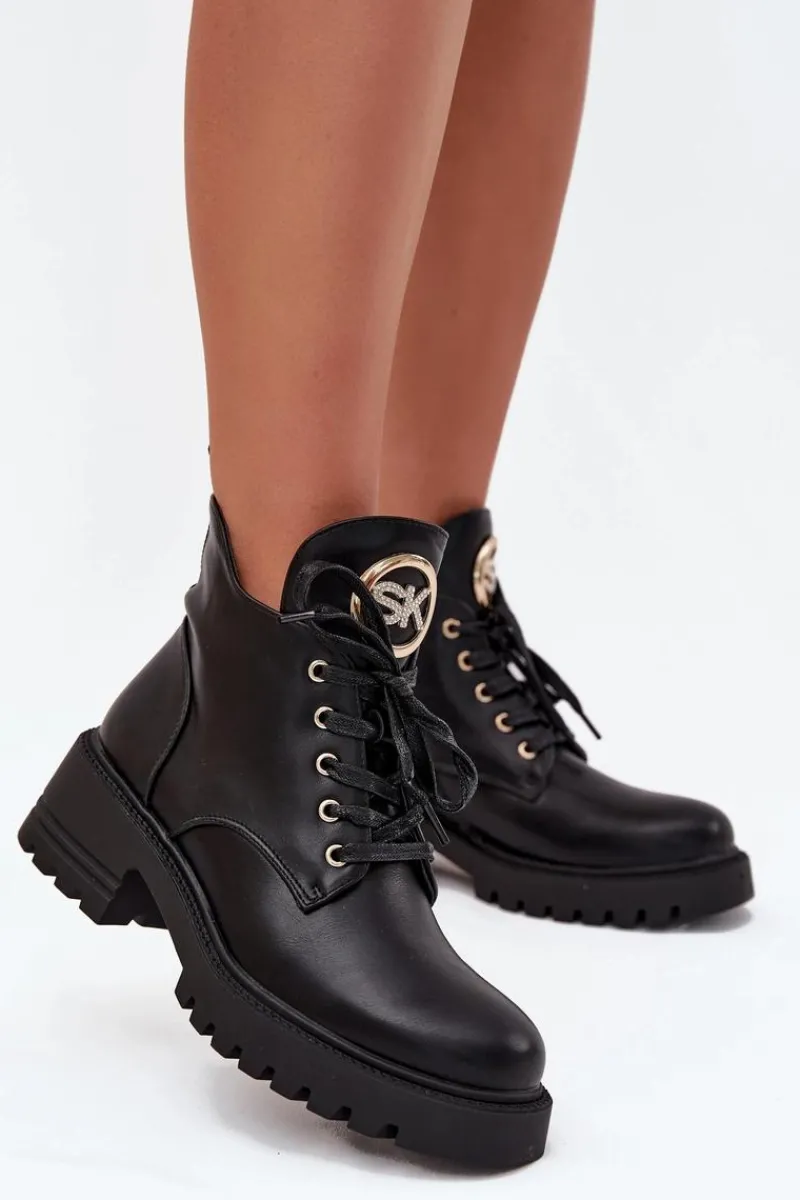 Outlet Boto Ocieplane Botki Damskie Ze Złotym Detalem Czarne Kavirae