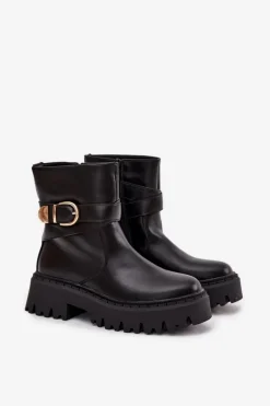 Botki Ocieplane|Czarne Botki>Boto Ocieplane Botki Damskie Ze Złotą Klamrą Czarne Elanore Czarny