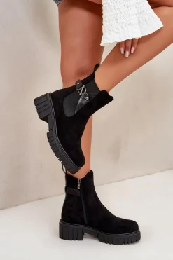 Outlet Boto Ocieplane Botki Damskie Ze Złotym Detalem Eko Zamszowe Czarne Bervena