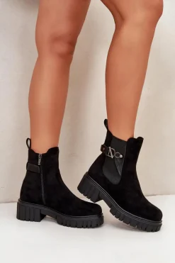 Outlet Boto Ocieplane Botki Damskie Ze Złotym Detalem Eko Zamszowe Czarne Bervena