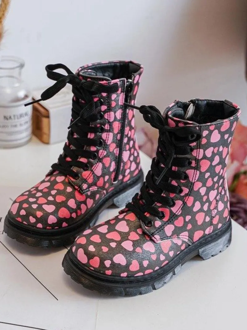 Hot Boto Ocieplane Botki Dziecięce Na Suwak Czarno-Różowe Dolida