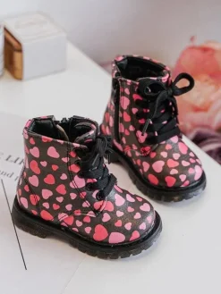 Hot Boto Ocieplane Botki Dziecięce Na Suwak Czarno-Różowe Dolida