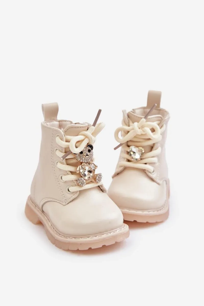 New Boto Ocieplane Botki Dziecięce Z Misiem Na Zamek Beżowe Enchanta