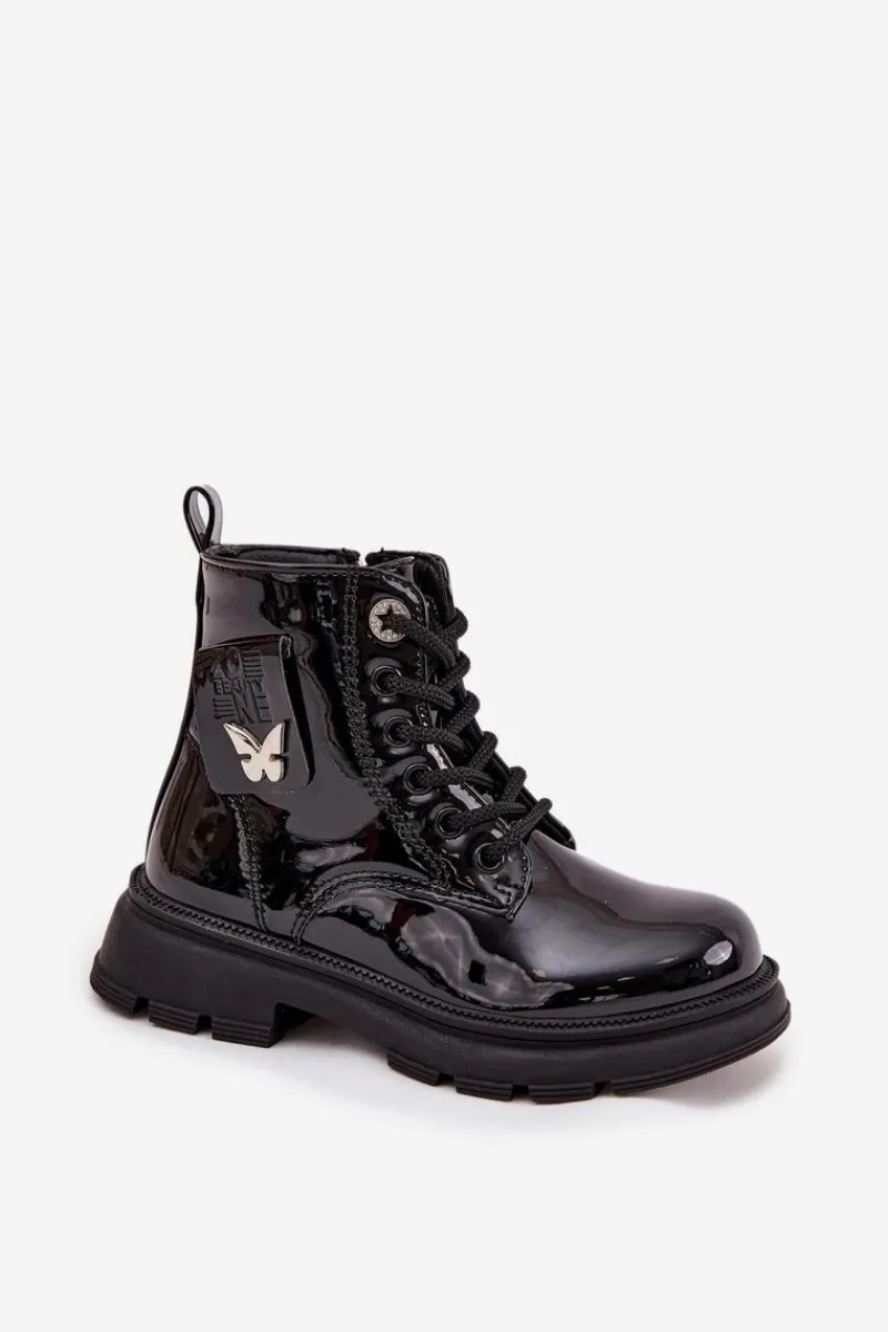 Outlet Ocieplane Botki Dziecięce Na Zamek Lakierowane Czarne Alverina Dzieci Dziewczęce