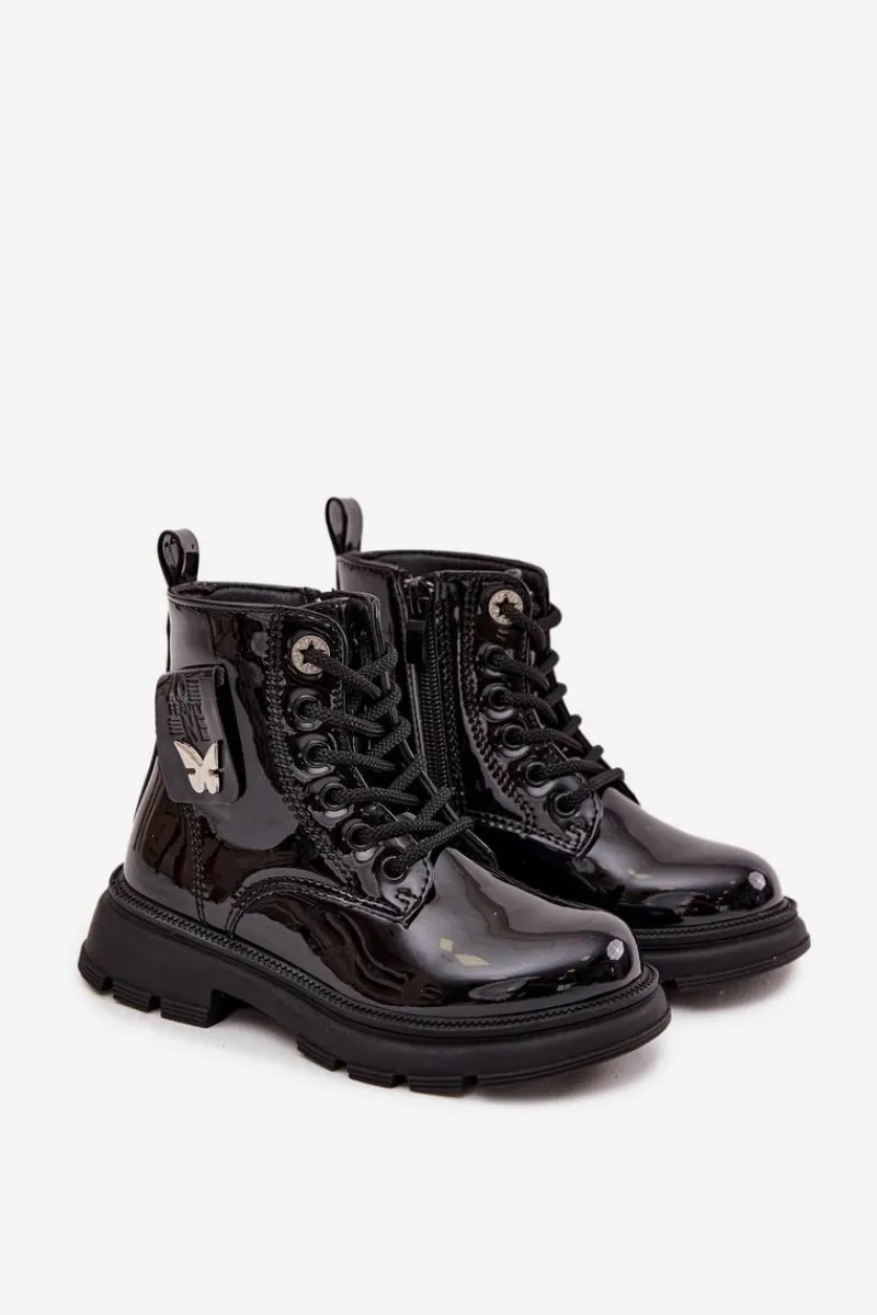 Outlet Ocieplane Botki Dziecięce Na Zamek Lakierowane Czarne Alverina Dzieci Dziewczęce