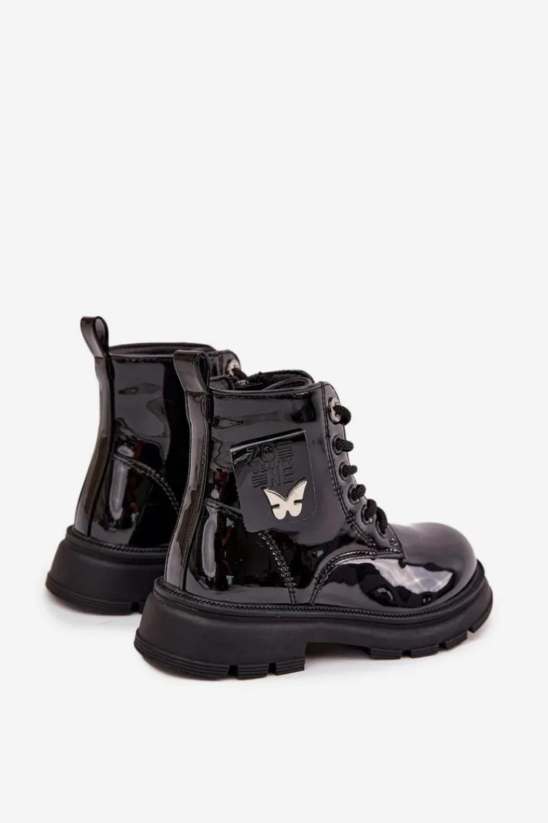 Outlet Ocieplane Botki Dziecięce Na Zamek Lakierowane Czarne Alverina Dzieci Dziewczęce