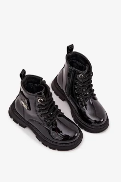 Outlet Ocieplane Botki Dziecięce Na Zamek Lakierowane Czarne Alverina Dzieci Dziewczęce