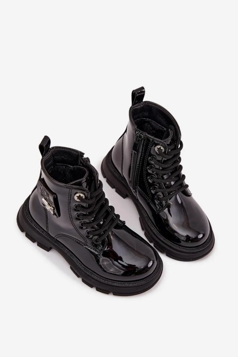 Outlet Ocieplane Botki Dziecięce Na Zamek Lakierowane Czarne Alverina Dzieci Dziewczęce
