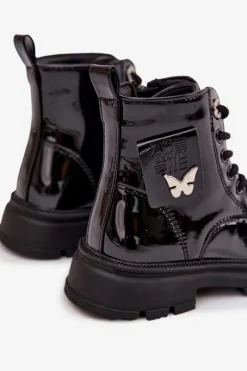 Outlet Ocieplane Botki Dziecięce Na Zamek Lakierowane Czarne Alverina Dzieci Dziewczęce