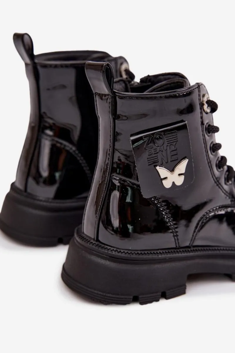 Outlet Ocieplane Botki Dziecięce Na Zamek Lakierowane Czarne Alverina Dzieci Dziewczęce