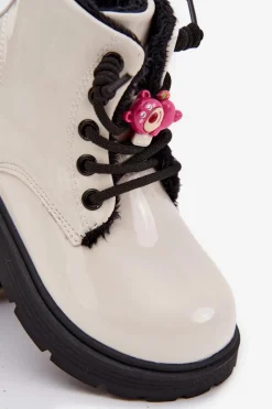 Sale Boto Ocieplane Botki Dziecięce Lakierowane Z Przypinką Miś Białe Jovellea Biały