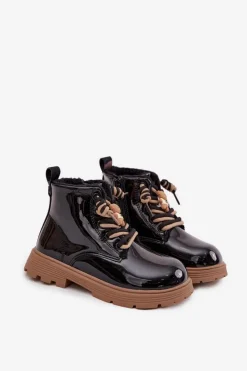 Dziewczęce></noscript>Boto Ocieplane Botki Dziecięce Lakierowane Z Przypinką Miś Czarne Jovellea Czarny