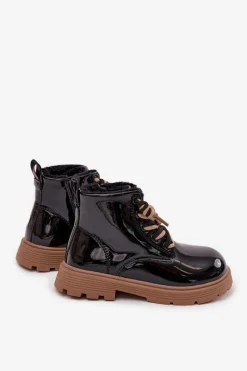 Dziewczęce></noscript>Boto Ocieplane Botki Dziecięce Lakierowane Z Przypinką Miś Czarne Jovellea Czarny