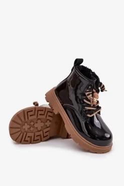 Dziewczęce></noscript>Boto Ocieplane Botki Dziecięce Lakierowane Z Przypinką Miś Czarne Jovellea Czarny