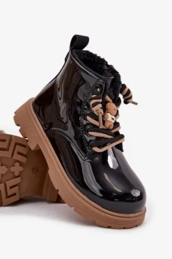 Dziewczęce></noscript>Boto Ocieplane Botki Dziecięce Lakierowane Z Przypinką Miś Czarne Jovellea Czarny