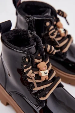 Dziewczęce></noscript>Boto Ocieplane Botki Dziecięce Lakierowane Z Przypinką Miś Czarne Jovellea Czarny