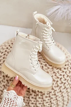 Outlet Boto Ocieplane Botki Dziewczęce Lakierowane Na Zamek Beżowe Novita