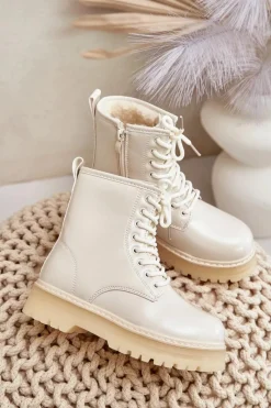 Outlet Boto Ocieplane Botki Dziewczęce Lakierowane Na Zamek Beżowe Novita