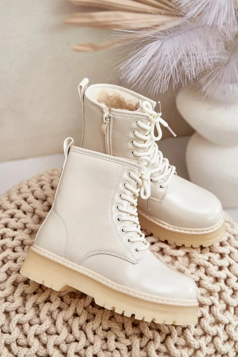 Outlet Boto Ocieplane Botki Dziewczęce Lakierowane Na Zamek Beżowe Novita