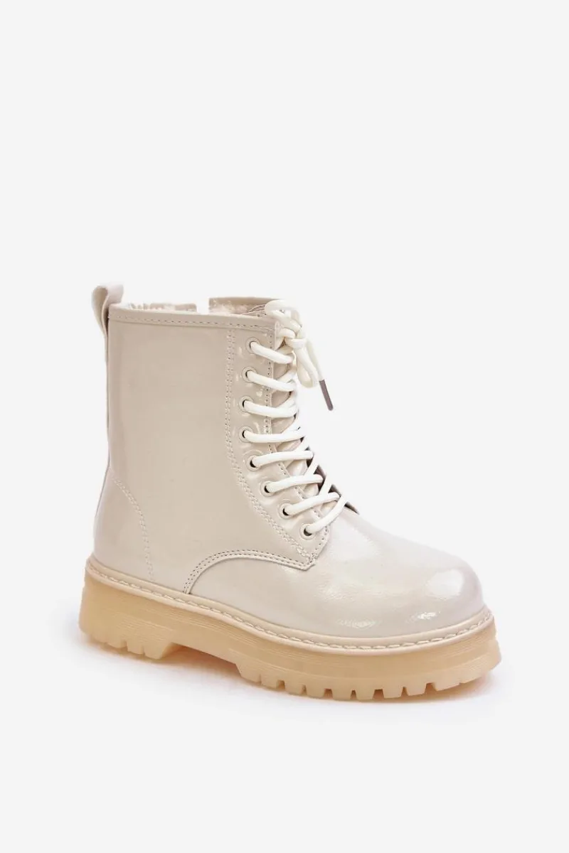 Outlet Boto Ocieplane Botki Dziewczęce Lakierowane Na Zamek Beżowe Novita