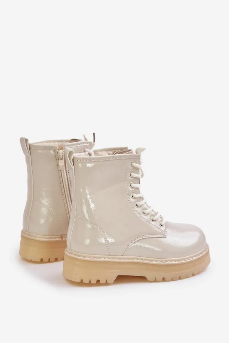 Outlet Boto Ocieplane Botki Dziewczęce Lakierowane Na Zamek Beżowe Novita