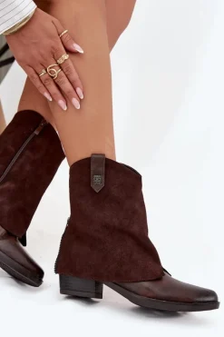 Botki Ocieplane|Czarne Botki>Boto Ocieplane Botki Kowbojki Na Obcasie Czekoladowe Sylvette Brązowy