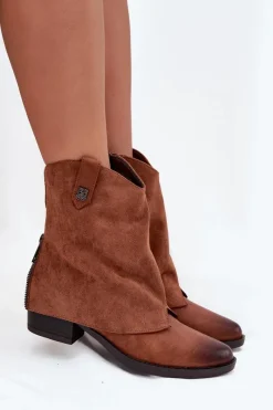 New Ocieplane Botki Kowbojki Na Obcasie Camel Sylvette Damskie Botki Ocieplane|Czarne Botki