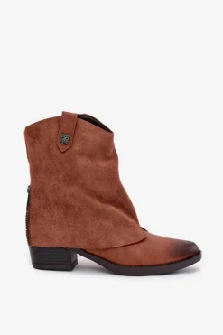 New Ocieplane Botki Kowbojki Na Obcasie Camel Sylvette Damskie Botki Ocieplane|Czarne Botki