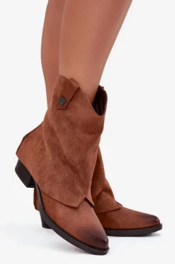 New Ocieplane Botki Kowbojki Na Obcasie Camel Sylvette Damskie Botki Ocieplane|Czarne Botki