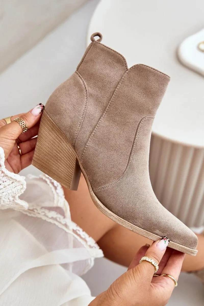 Best Ocieplane Botki Kowbojki Eko Zamszowe Na Zamek Ciemnobeżowe Virtris Damskie Botki Na Słupku|Brązowe I Beżowe Botki