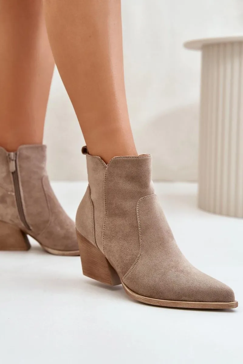 Best Ocieplane Botki Kowbojki Eko Zamszowe Na Zamek Ciemnobeżowe Virtris Damskie Botki Na Słupku|Brązowe I Beżowe Botki