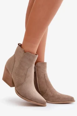 Best Ocieplane Botki Kowbojki Eko Zamszowe Na Zamek Ciemnobeżowe Virtris Damskie Botki Na Słupku|Brązowe I Beżowe Botki