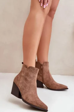 Hot Ocieplane Botki Kowbojki Eko Zamszowe Na Zamek Brązowe Virtris Damskie Botki Na Słupku|Brązowe I Beżowe Botki