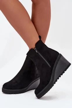 Sale Ocieplane Botki Na Koturnie Z Eko Zamszu Czarne Mavona Damskie Botki Ocieplane|Botki Na Koturnie