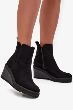 Sale Ocieplane Botki Na Koturnie Z Eko Zamszu Czarne Mavona Damskie Botki Ocieplane|Botki Na Koturnie