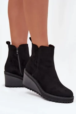 Sale Ocieplane Botki Na Koturnie Z Eko Zamszu Czarne Mavona Damskie Botki Ocieplane|Botki Na Koturnie