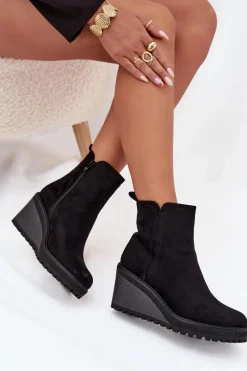 Sale Ocieplane Botki Na Koturnie Z Eko Zamszu Czarne Mavona Damskie Botki Ocieplane|Botki Na Koturnie