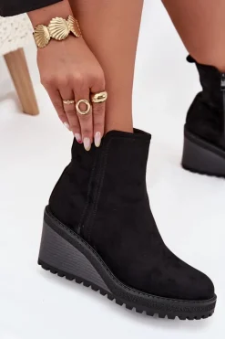 Sale Ocieplane Botki Na Koturnie Z Eko Zamszu Czarne Mavona Damskie Botki Ocieplane|Botki Na Koturnie