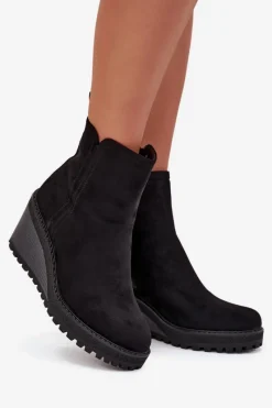 Sale Ocieplane Botki Na Koturnie Z Eko Zamszu Czarne Mavona Damskie Botki Ocieplane|Botki Na Koturnie