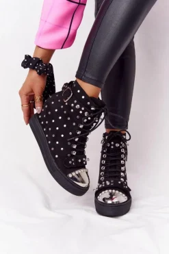 Botki Na Koturnie|Botki Sznurowane>Boto Ocieplane Botki Na Koturnie Z Dżetami Zamszowe Czarne Lu Boo