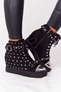 Botki Na Koturnie|Botki Sznurowane>Boto Ocieplane Botki Na Koturnie Z Dżetami Zamszowe Czarne Lu Boo