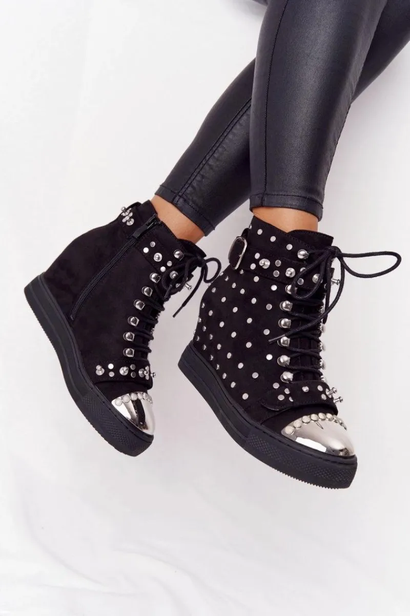 Botki Na Koturnie|Botki Sznurowane>Boto Ocieplane Botki Na Koturnie Z Dżetami Zamszowe Czarne Lu Boo