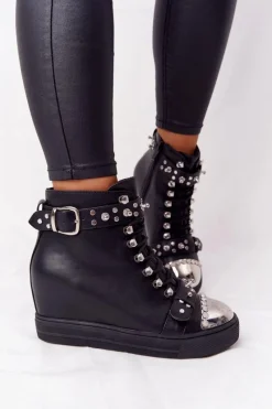 Outlet Boto Ocieplane Botki Na Koturnie Z Dżetami Czarne Lu Boo