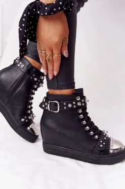 Outlet Boto Ocieplane Botki Na Koturnie Z Dżetami Czarne Lu Boo