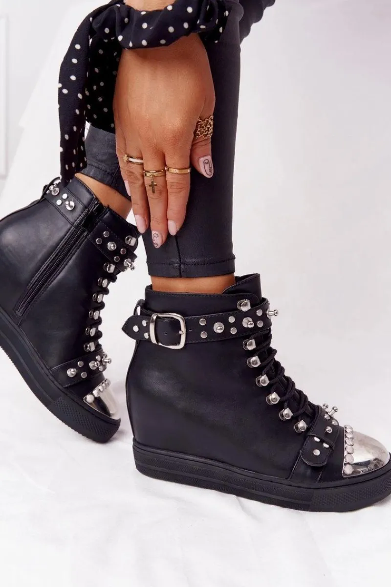 Outlet Boto Ocieplane Botki Na Koturnie Z Dżetami Czarne Lu Boo