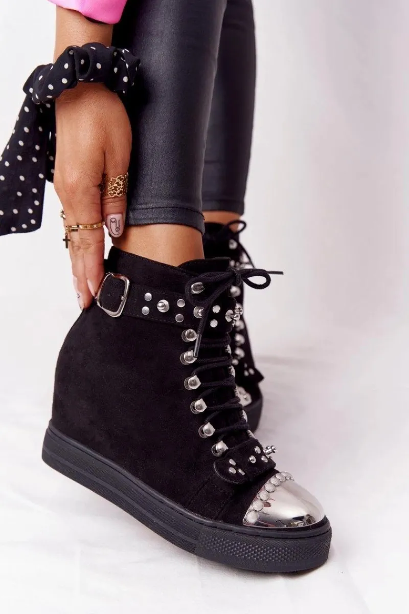 Clearance Ocieplane Botki Na Koturnie Zamszowe Czarne Lu Boo Damskie Botki Na Koturnie|Botki Sznurowane