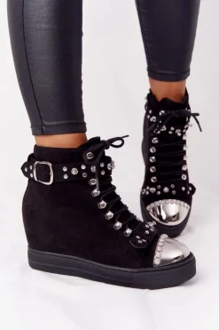 Clearance Ocieplane Botki Na Koturnie Zamszowe Czarne Lu Boo Damskie Botki Na Koturnie|Botki Sznurowane