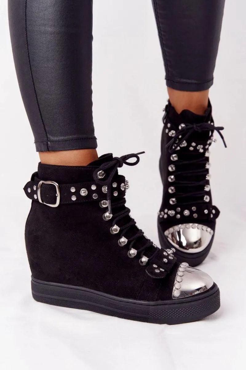Clearance Ocieplane Botki Na Koturnie Zamszowe Czarne Lu Boo Damskie Botki Na Koturnie|Botki Sznurowane